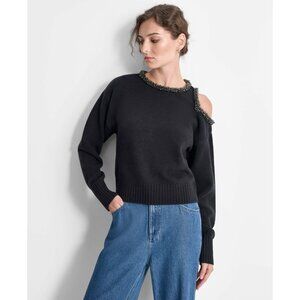 DKNY *Defect* Embellished Cold-Shoulder Long-Sleeve Sweater Black Size M $199